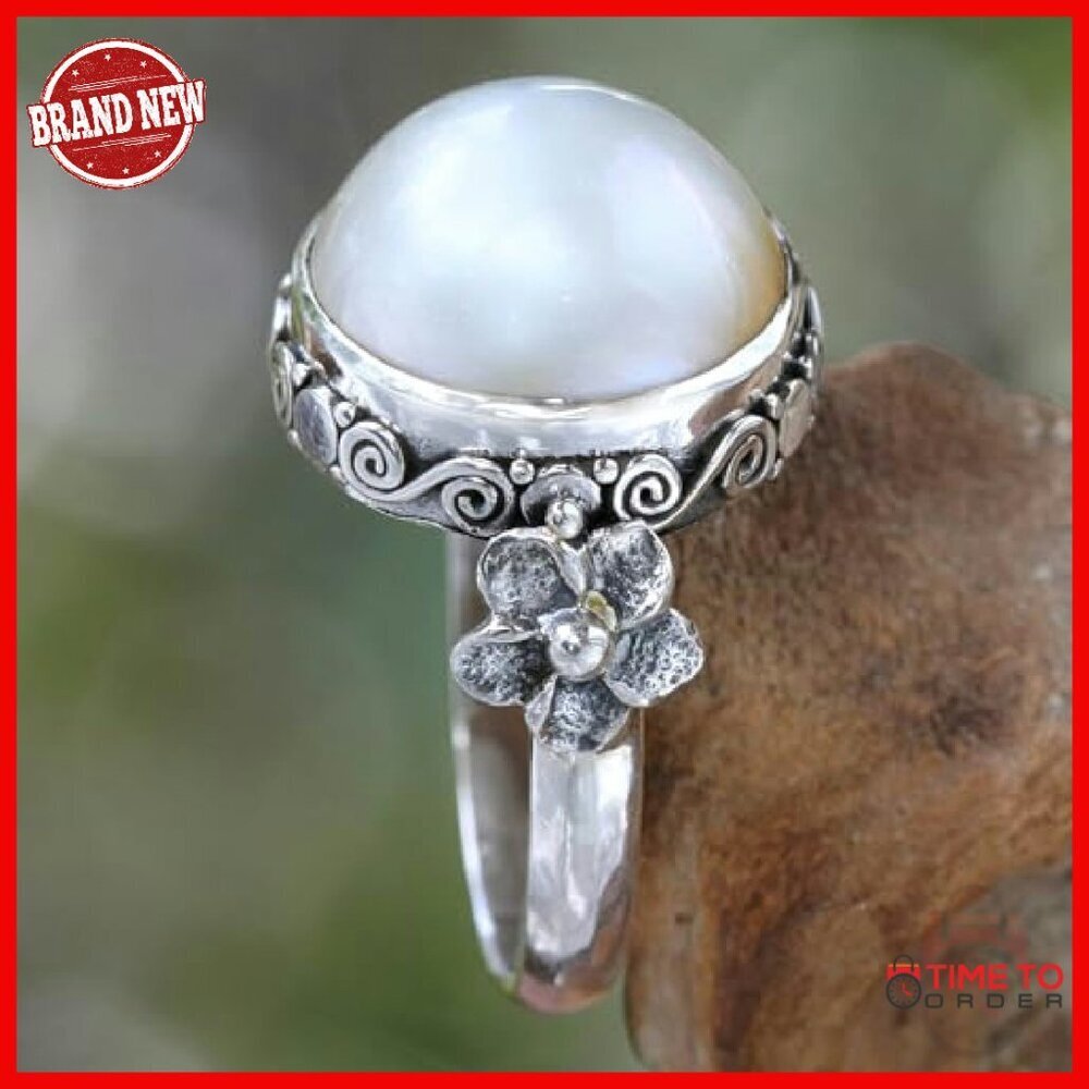 Sterling Silver Pearl Ring Size 5, Handcrafted Bridal Moon Design - Picture 4 of 7